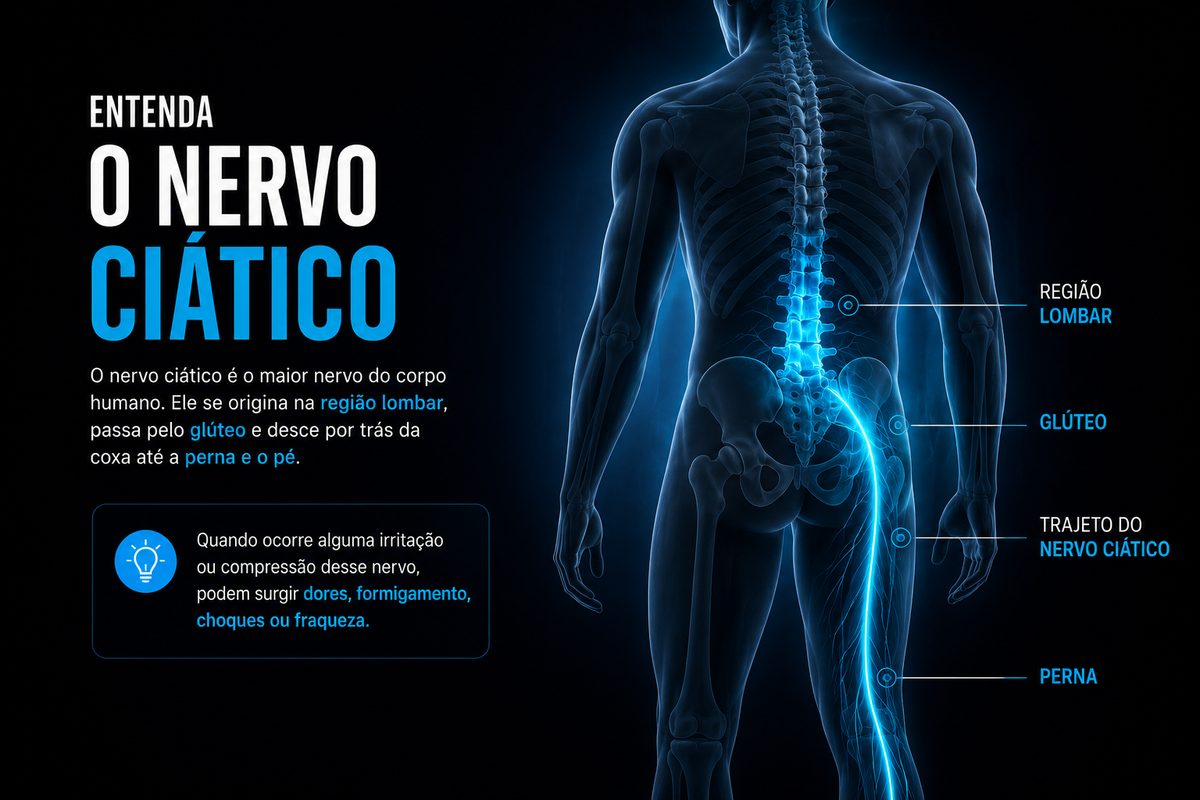 Infográfico anatômico mostrando o trajeto do nervo ciático da região lombar até a perna