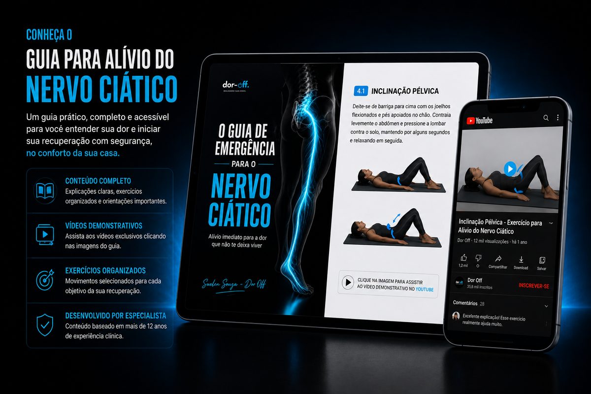 Guia de Emergência para o Nervo Ciático aberto em tablet, mostrando exercício com vídeo demonstrativo